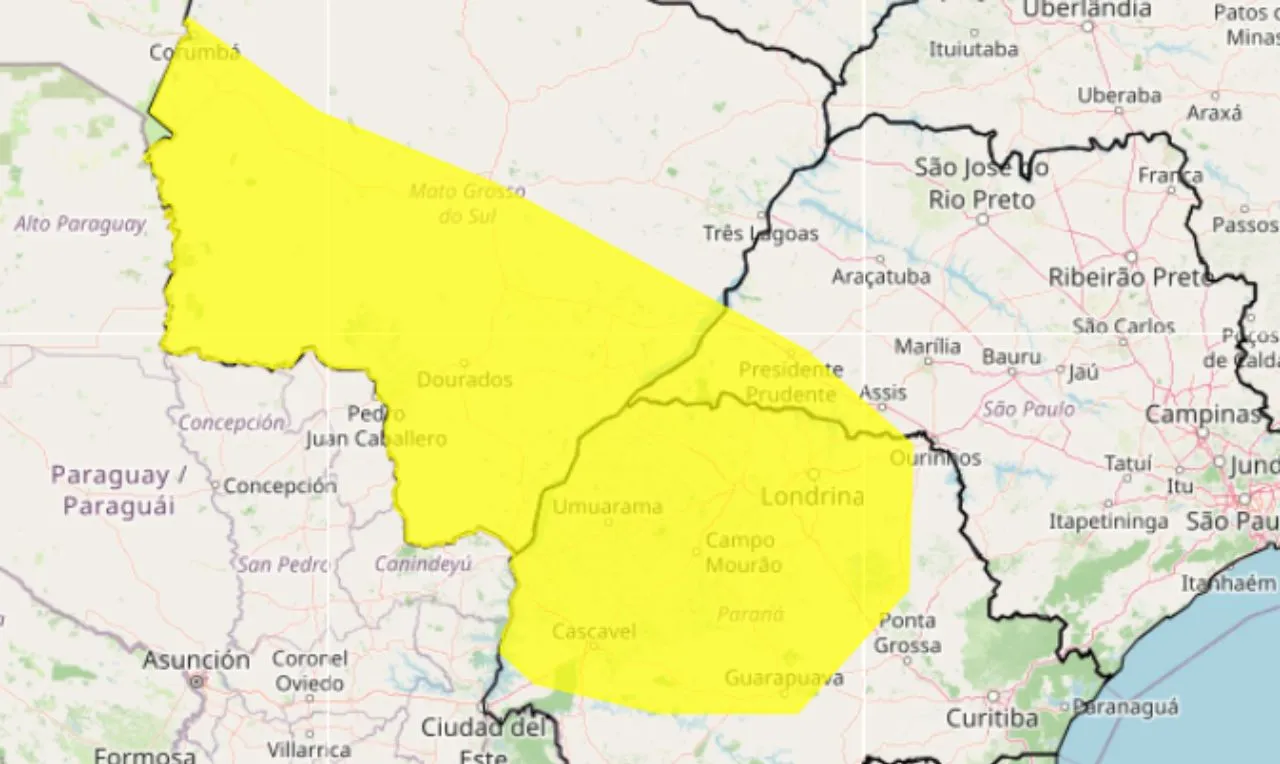 o mapa mostra as &aacute;reas em alerta para chuva intensa e ventos